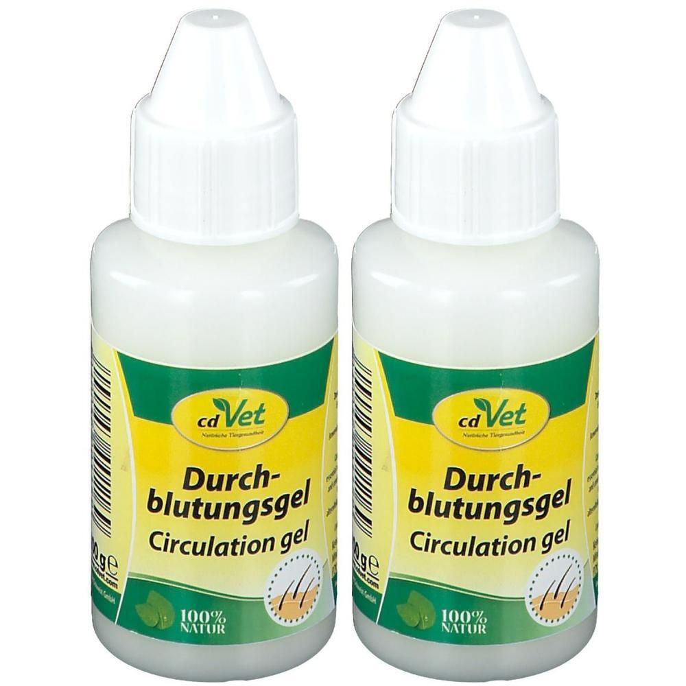 Zwei weiße Flaschen mit weißem Deckel. Aufschrift: cd Vet Durchblutungsgel Circulation gel. Grün-gelbes Etikett. 100% Natur.