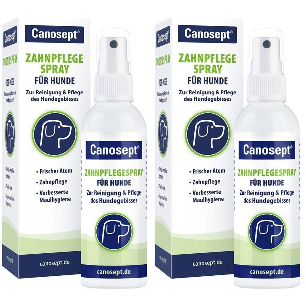 Zwei Flaschen Canosept Zahnpflege Spray für Hunde mit Verpackung. Weiße Flaschen mit Sprühkopf und Karton mit Produktinformationen.