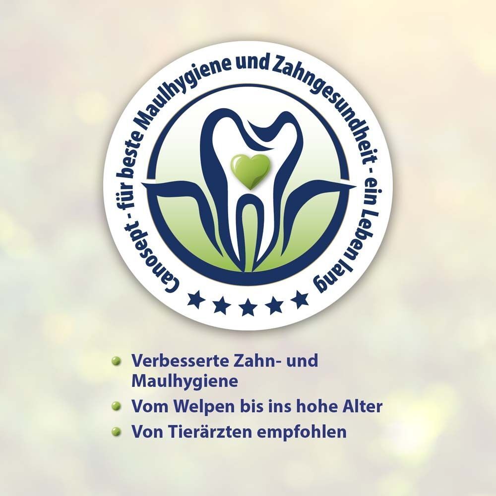 Logo mit Zähnen und Herz. Text: Canosept - für beste Maulhygiene und Zahngesundheit - ein Leben lang.