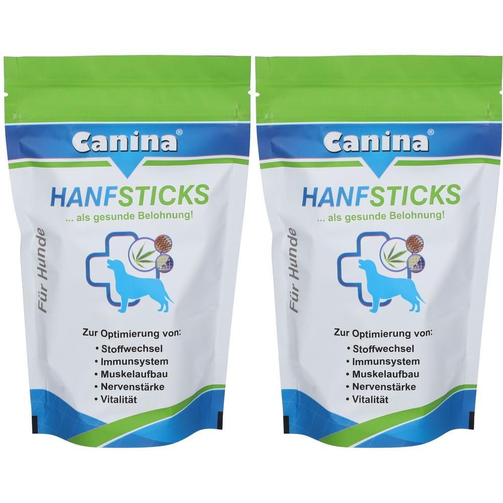 Zwei Beutel Canina HANFSTICKS. Weiß, mit grün-blauem Design. Text: HANFSTICKS, Für Hunde, zur Optimierung von Stoffwechsel, Immunsystem, Muskelaufbau, Nervenstärke, Vitalität.