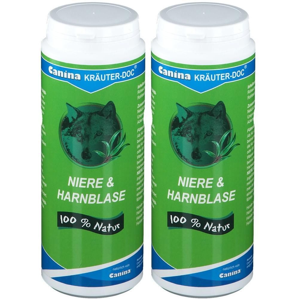Zwei grüne Dosen mit weißem Deckel. Aufschrift: Canina Kräuter-Doc, NIERE & HARNBLASE, 100% Natur. Abbildung eines Wolfes.