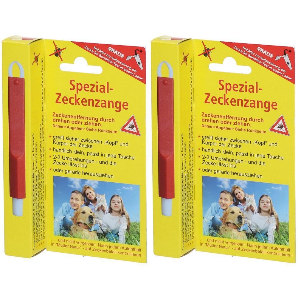 Zwei gelbe Verpackungen mit roter Zeckenzange. Aufschrift: Spezial-Zeckenzange. Enthält Text zur Zeckenentfernung. Abgebildet sind Kinder, Hund und Katze.