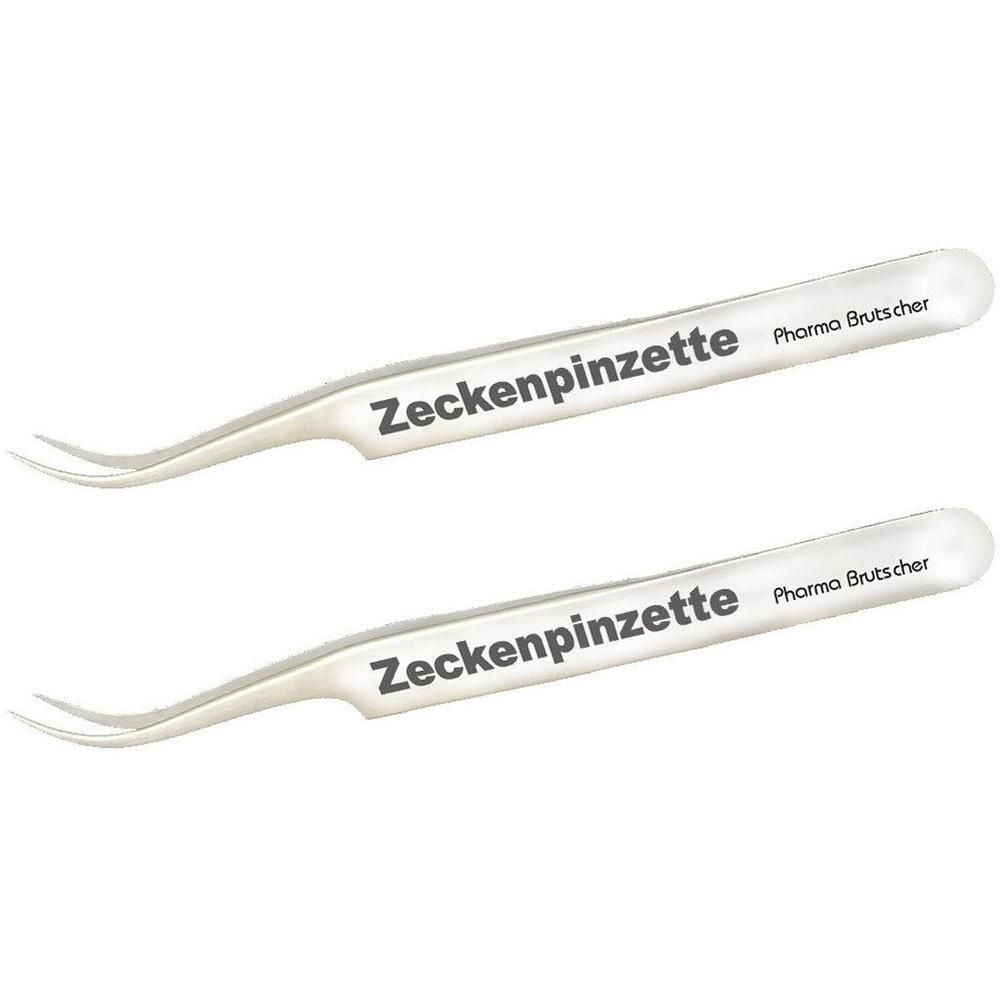 Zwei Zeckenpinzetten aus Chirurgenstahl. Aufschrift: Zeckenpinzette und Pharma Brutscher. Gebogene Spitze.