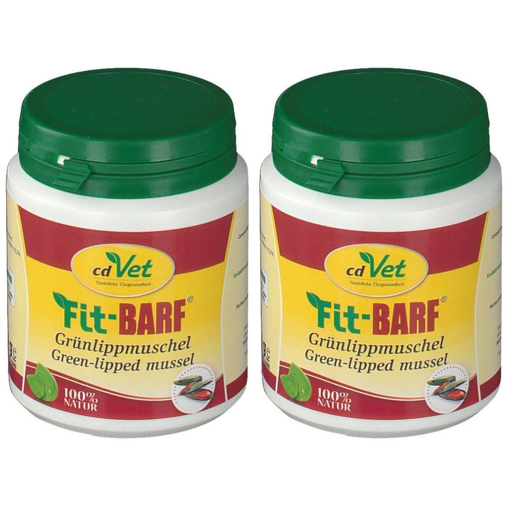 Zwei weiße Dosen mit grünem Deckel. Aufschrift: Fit-BARF Grünlippmuschel. Logo cdVet. 100% Natur.