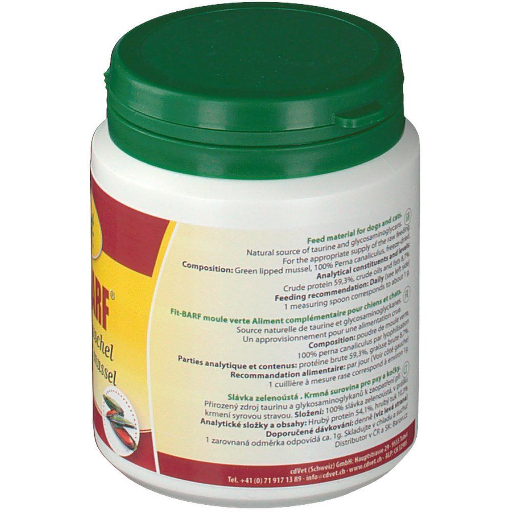 Weiße Dose mit grünem Deckel. Rückseite mit Text. Aufschrift: Fit-BARF Grünlippmuschel. Logo cdVet.