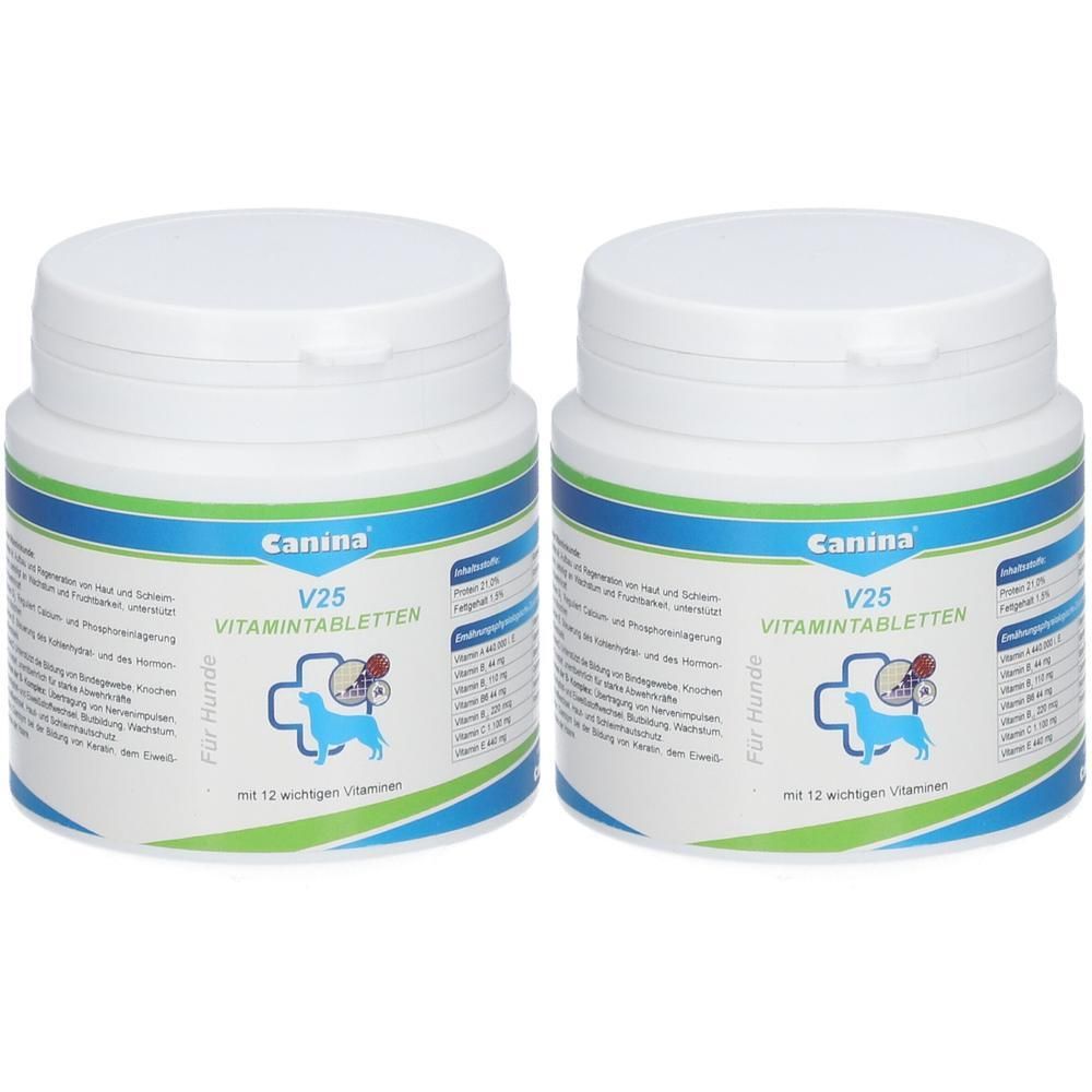 Zwei weiße Dosen mit blau-grünen Etiketten. Aufschrift: Canina V25 Vitamintabletten. Für Hunde. Mit 12 wichtigen Vitaminen.