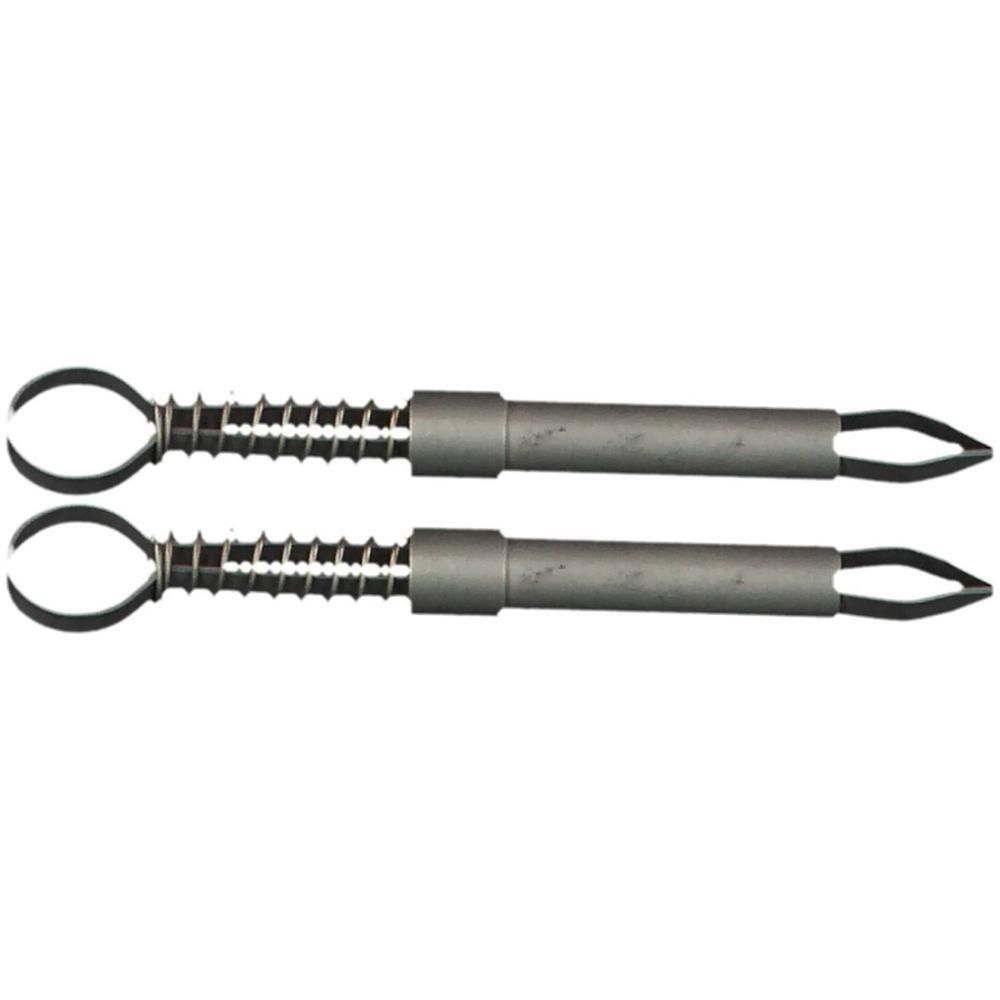 Zwei metallfarbene Zeckenzangen. Jede Zange hat einen Griff, eine Feder und eine schwarze Spitze.