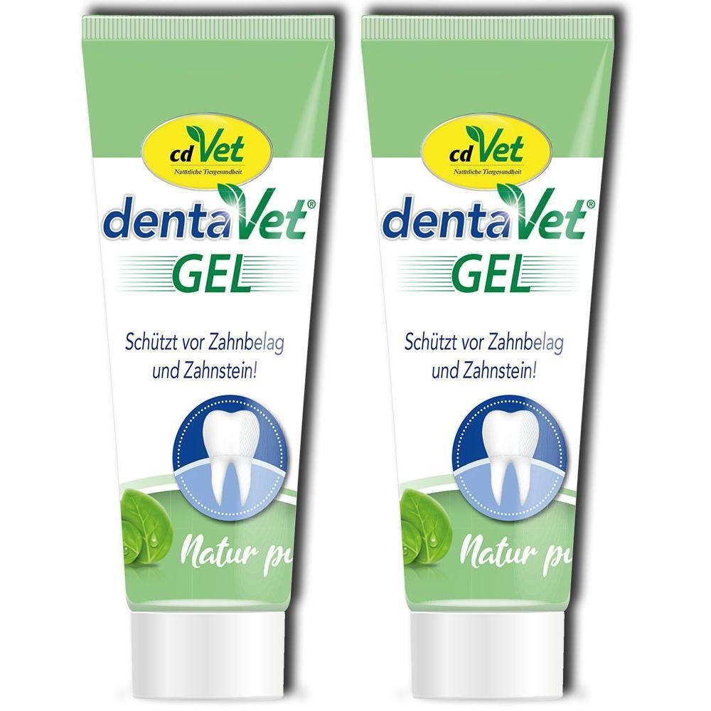 Zwei Tuben cdVet dentaVet Gel. Grün-weiß, mit Produktnamen und Zahn-Symbol. Text: Schützt vor Zahnbelag und Zahnstein.
