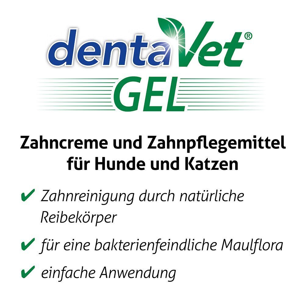 Text auf weißem Hintergrund: dentaVet GEL, Zahnpflegemittel für Hunde und Katzen. Grüne Häkchen vor Texten zur Zahnreinigung und Maulflora.