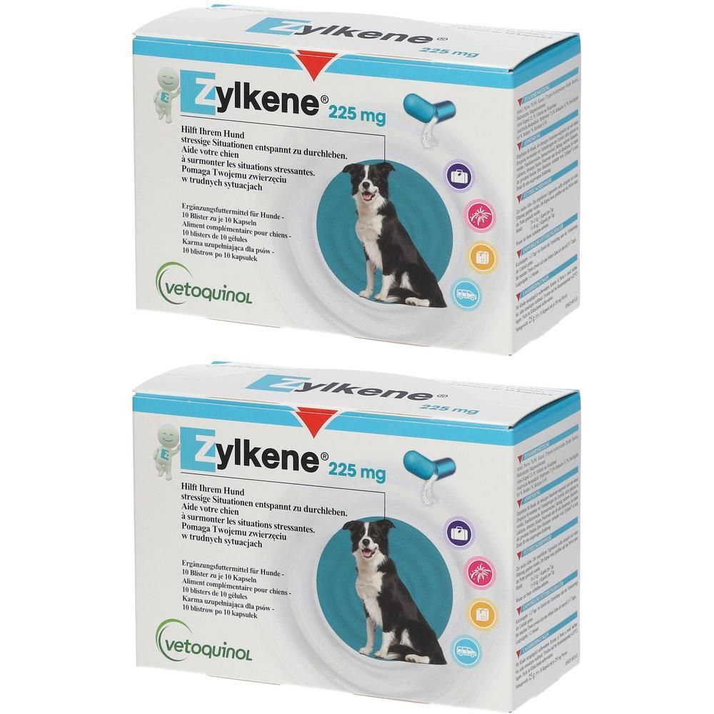 Zwei Schachteln Zylkene 225 mg für Hunde. Auf jeder Schachtel ist ein Hund abgebildet. Vetoquinol Logo.