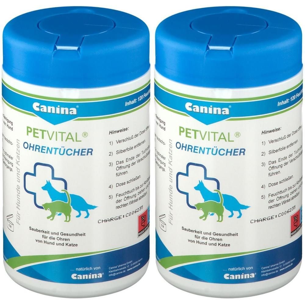Zwei weiße Behälter mit blauem Deckel. Aufschrift: PETVITAL OHRENTÜCHER. Logo mit Hund und Katze. Text in Deutsch. Marke: Canina.