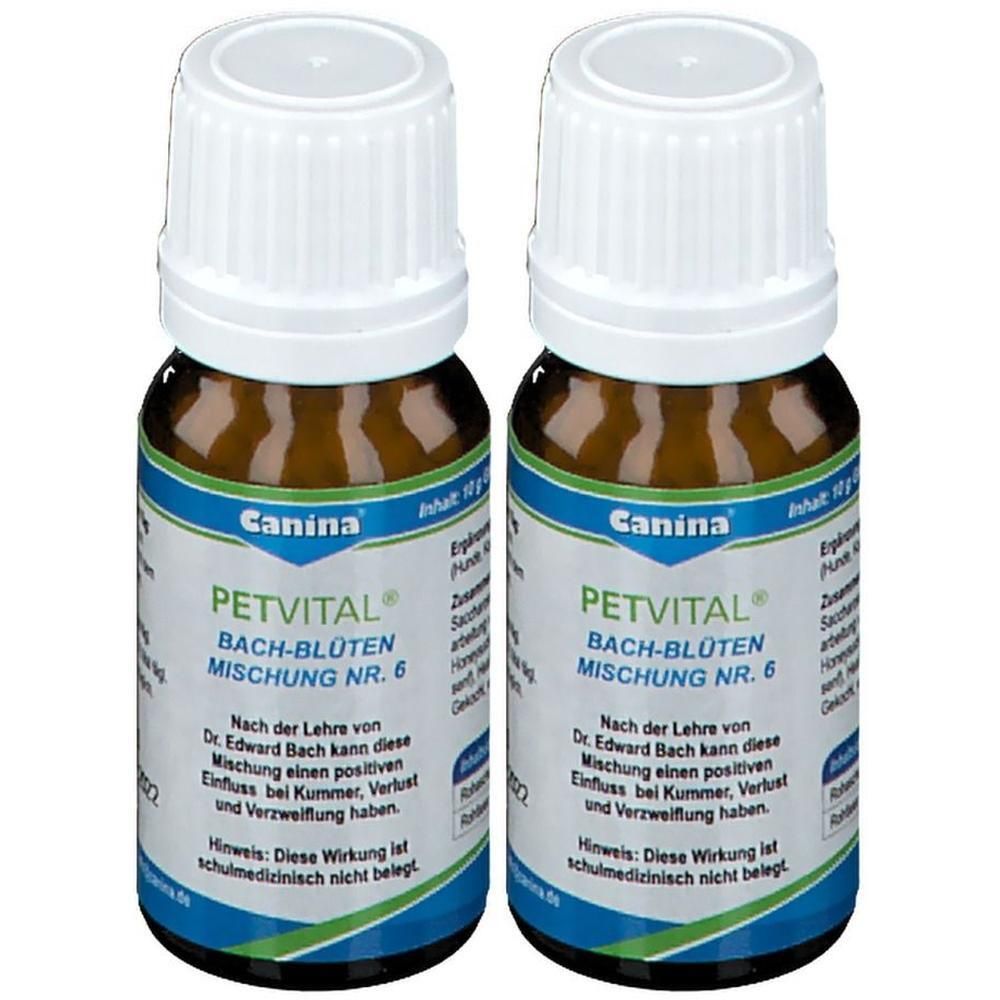 Zwei braune Glasflaschen mit weißen Deckeln. Auf den Etiketten steht "PETVITAL Bach-Blüten Mischung Nr. 6" und "Canina".