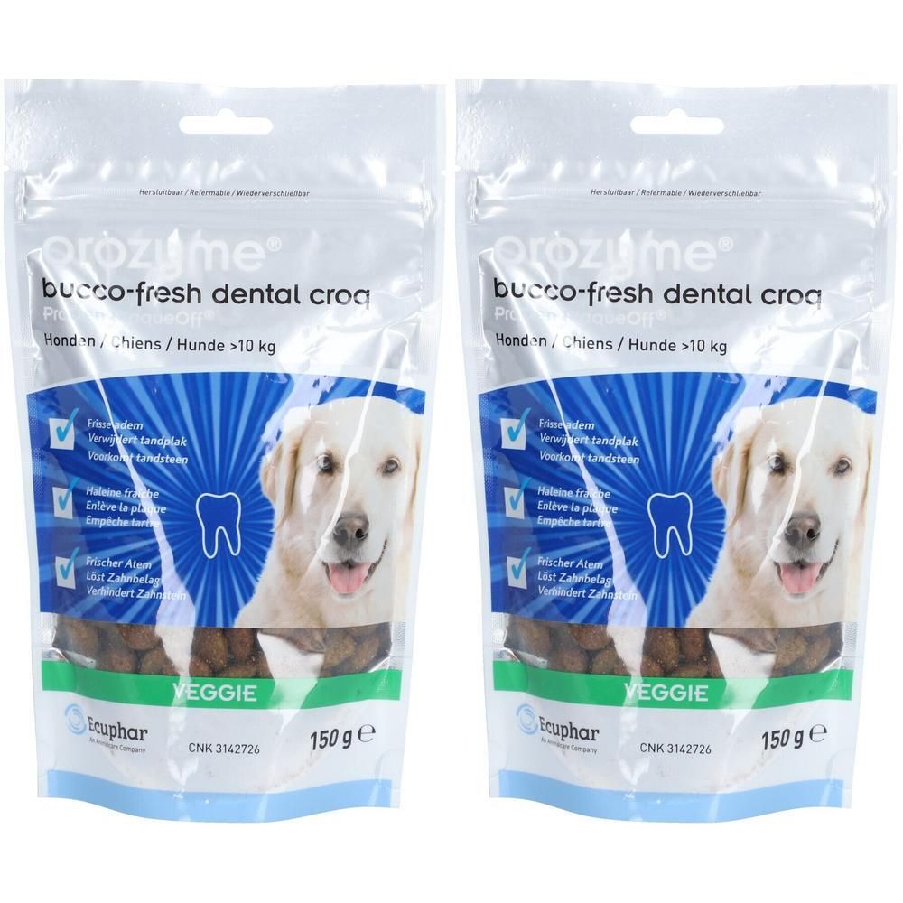 Zwei Beutel mit Hundesnacks. Aufdruck: Orozyme Bucco-Fresh Dental Croq. Abbildung eines Hundes. Text: Veggie, 150 g.