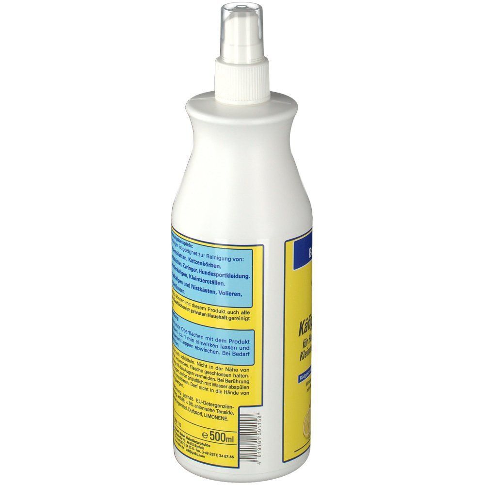 Weiße Sprühflasche mit gelbem Etikett. Aufschrift Bactazol. Text über Anwendung und Inhaltsstoffe. Volumen 500ml.