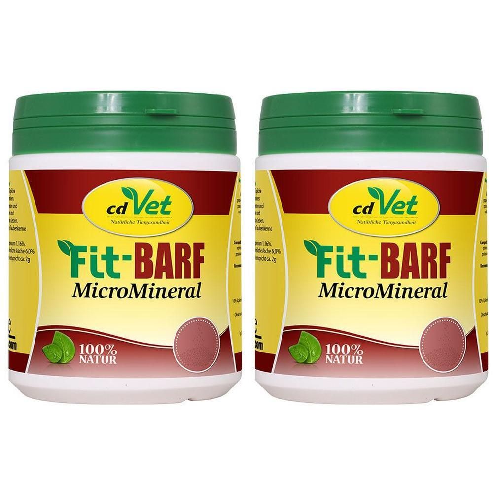 Zwei weiße Dosen mit grünem Deckel. Aufschrift: Fit-BARF MicroMineral. Gelbes Etikett mit grünen Blättern und Logo.