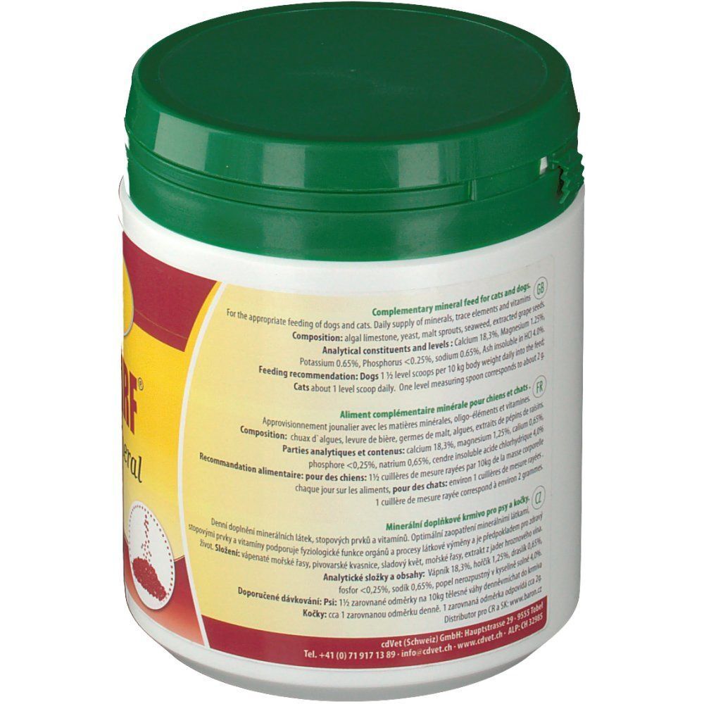 Weiße Dose mit grünem Deckel. Aufschrift und Informationen auf gelbem Etikett. Text in Deutsch, Französisch, Italienisch und Englisch.