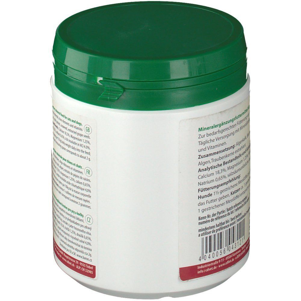 Weiße Dose mit grünem Deckel. Rückseite mit Text in Deutsch, Französisch, Italienisch und Englisch. Barcode unten.