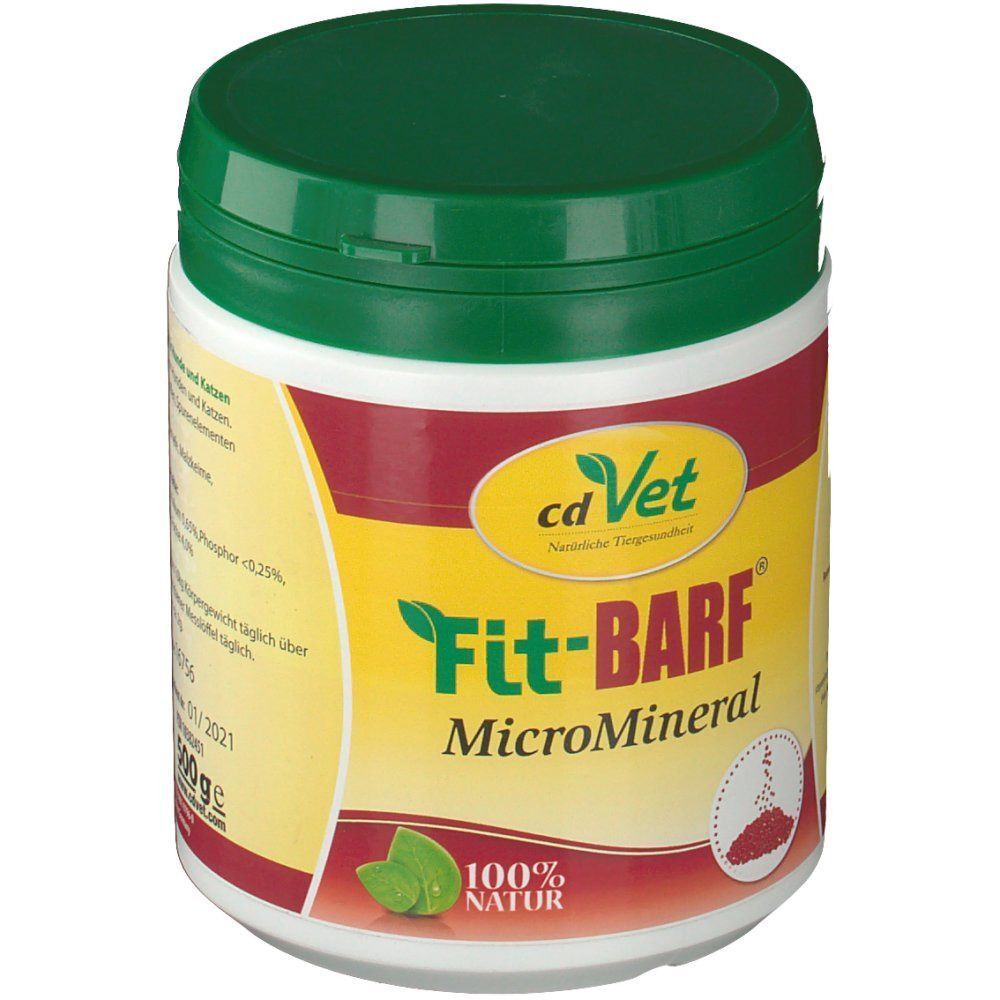 Weiße Dose mit grünem Deckel. Aufschrift: Fit-BARF MicroMineral. Gelbes Etikett mit grünen Blättern und Logo.