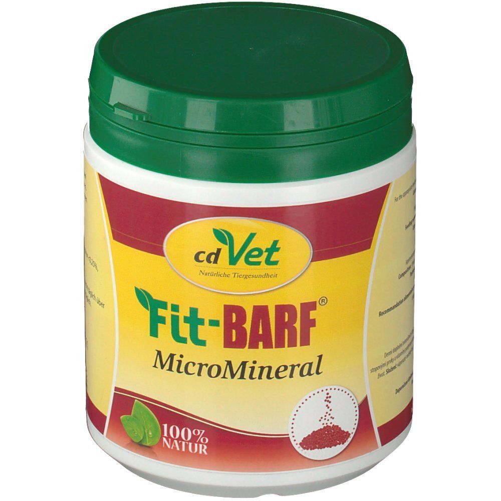 Weiße Dose mit grünem Deckel. Aufschrift: Fit-BARF MicroMineral. Gelbes Etikett mit grünen Blättern und Logo.