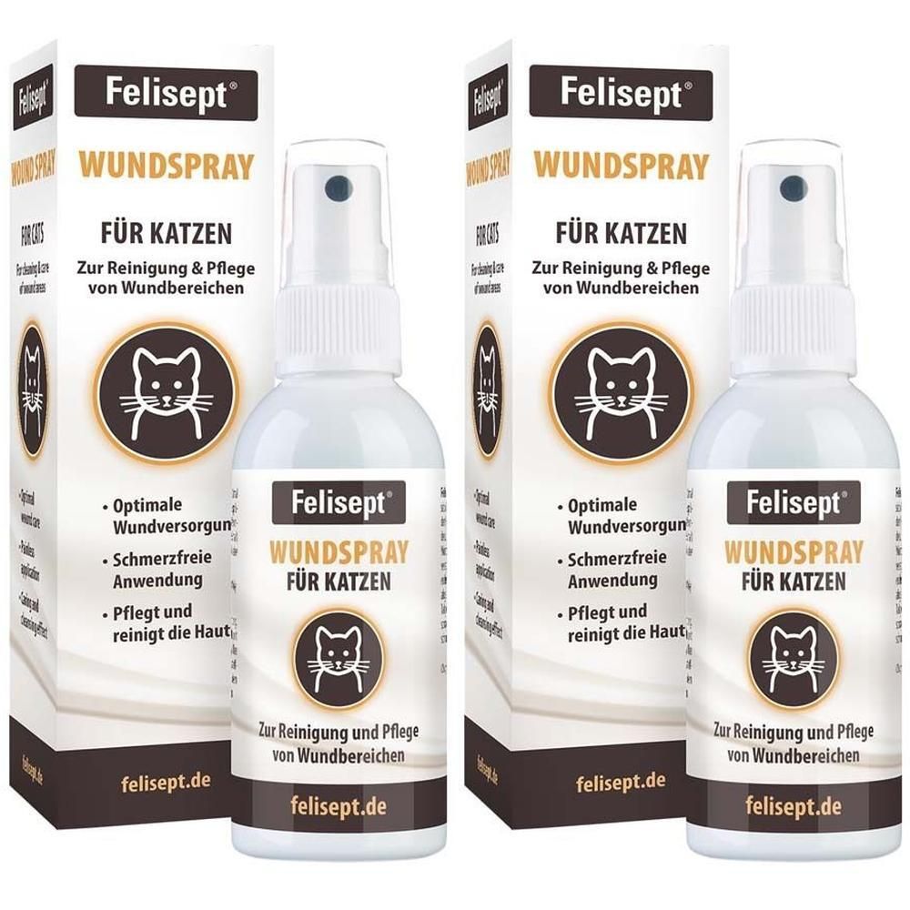 Zwei Flaschen Felisept Wundspray für Katzen mit Verpackung. Aufschrift: Wundspray für Katzen, zur Reinigung & Pflege von Wundbereichen.