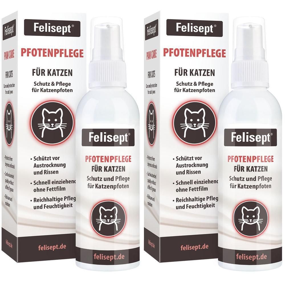 Mehrere Flaschen und Verpackungen. Aufschrift: Felisept Pfotenpflege für Katzen. Schutz und Pflege für Katzenpfoten. Mit Sprühkopf.