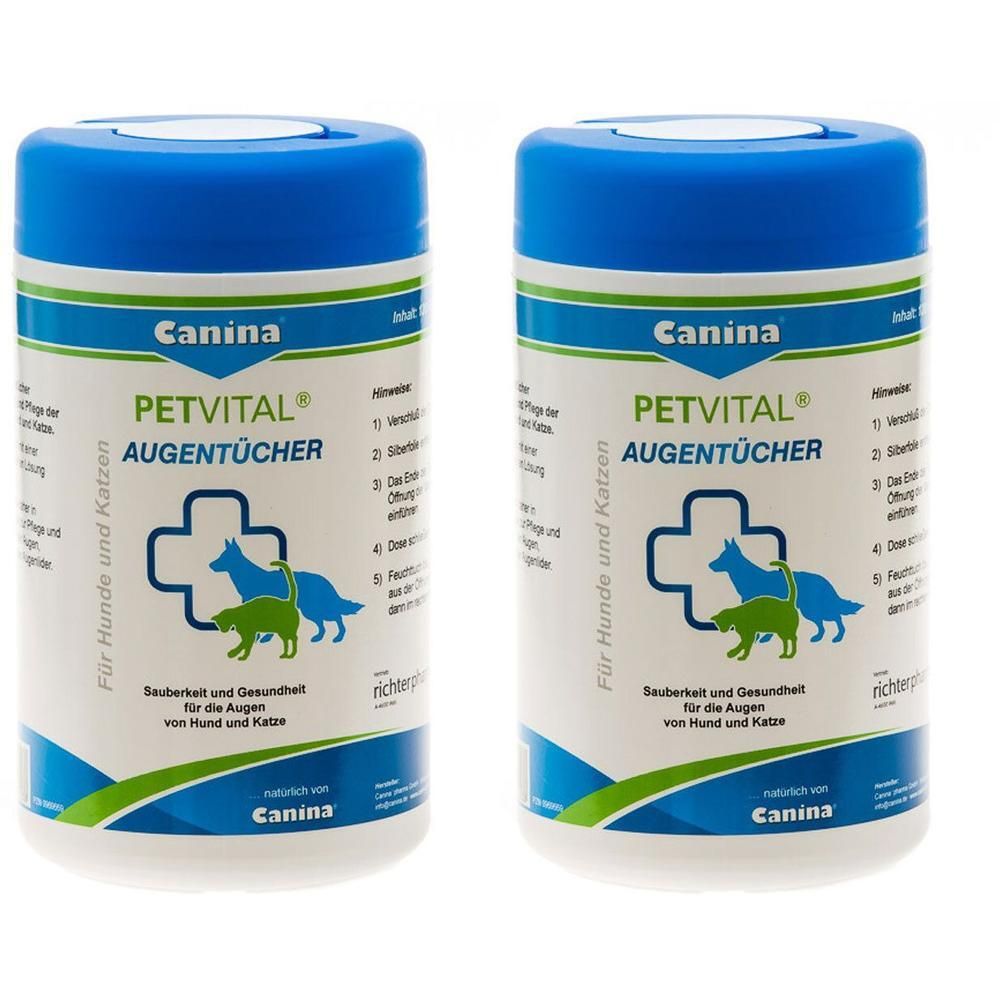 Zwei zylindrische Behälter mit blauem Deckel. Aufschrift: Canina PETVITAL AUGENTÜCHER. Logo mit Hund und Katze. Für Hunde und Katzen.