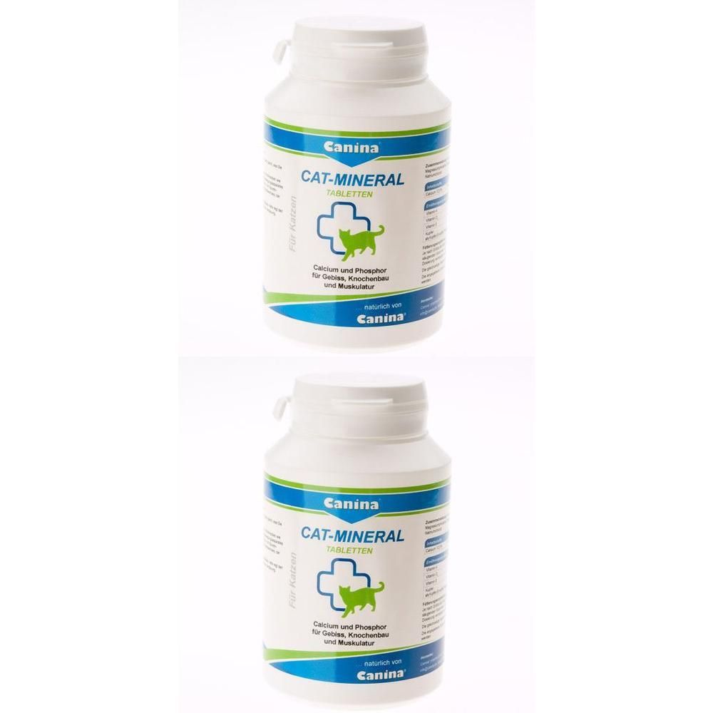Zwei weiße Flaschen mit blauer und grüner Beschriftung. Aufschrift: CAT-MINERAL Tabletten. Logo: grüner Kater im Kreuz.