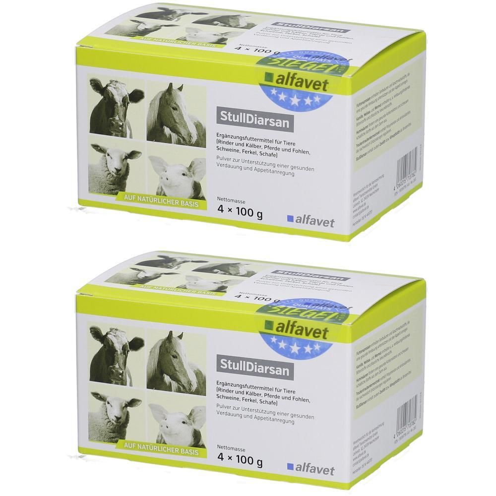 Zwei Kartons mit Produktaufdruck. Aufschrift: StullDiarsan, alfavet. Abbildungen von Tieren. 4 x 100 g.