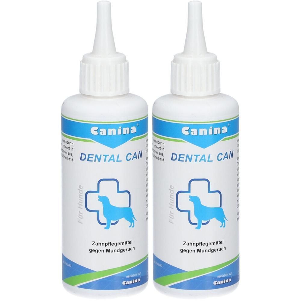 Zwei weiße Flaschen mit blauer und grüner Beschriftung. Aufschrift: Canina Dental Can. Mit Hund und Kreuz-Symbol.