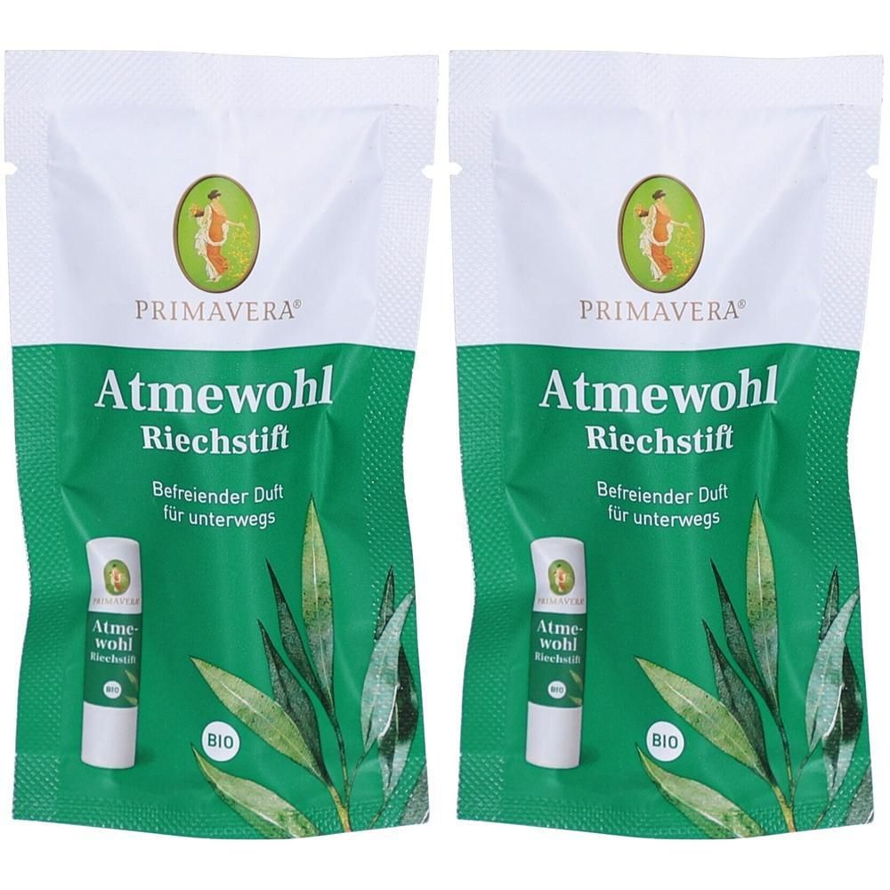 Zwei Beutel mit Riechstiften. Aufschrift: Primavera, Atme wohl Riechstift, Bio. Grüne Verpackung mit Blättern und Produktabbildung.