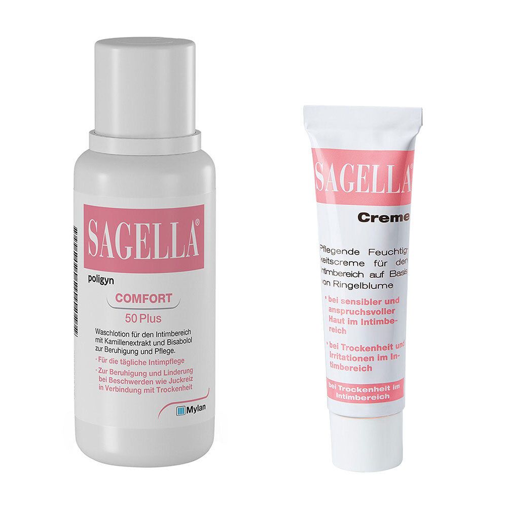 SAGELLA Creme und SAGELLA poligyn Comfort 50 Plus Intimwaschlotion.