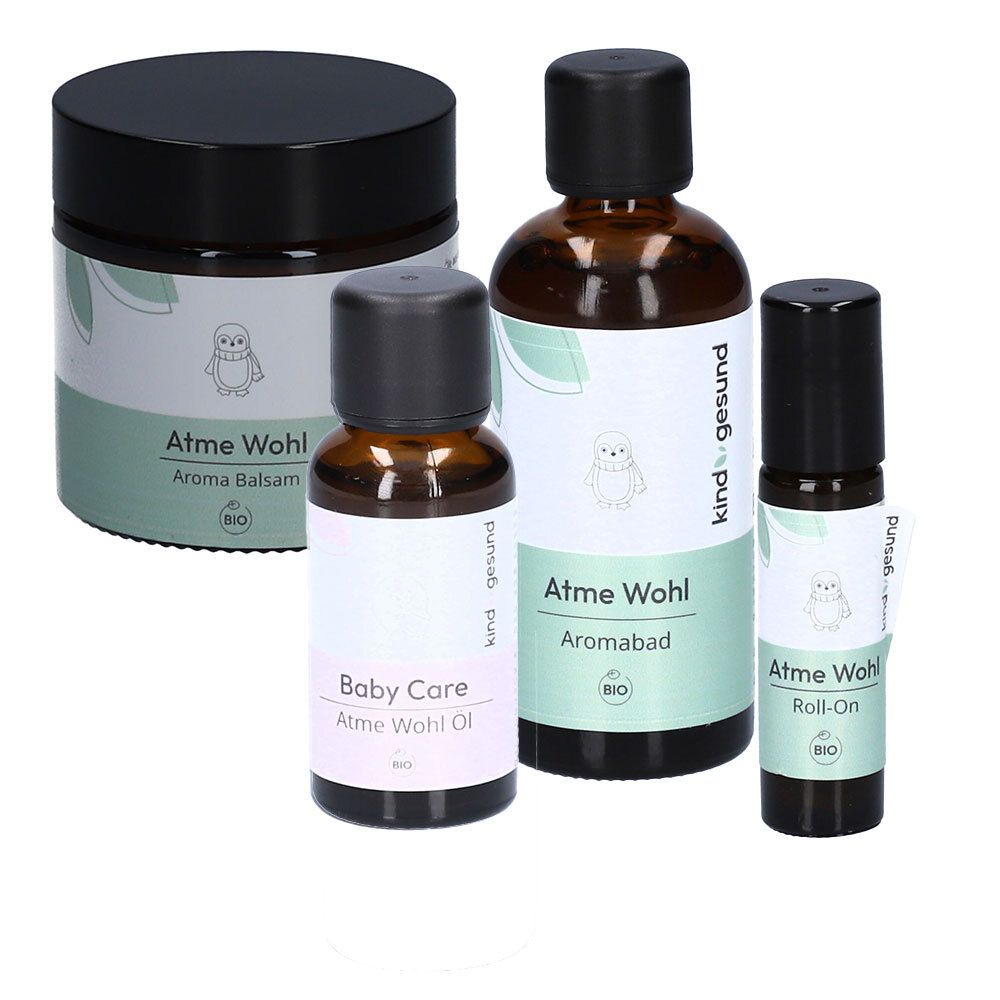 kindgesund Atme Wohl Set: Aroma Balsam Tiegel, Baby Care Aroma Wohl Öl Flasche, Aromabad Flasche und Roll-On Flasche.