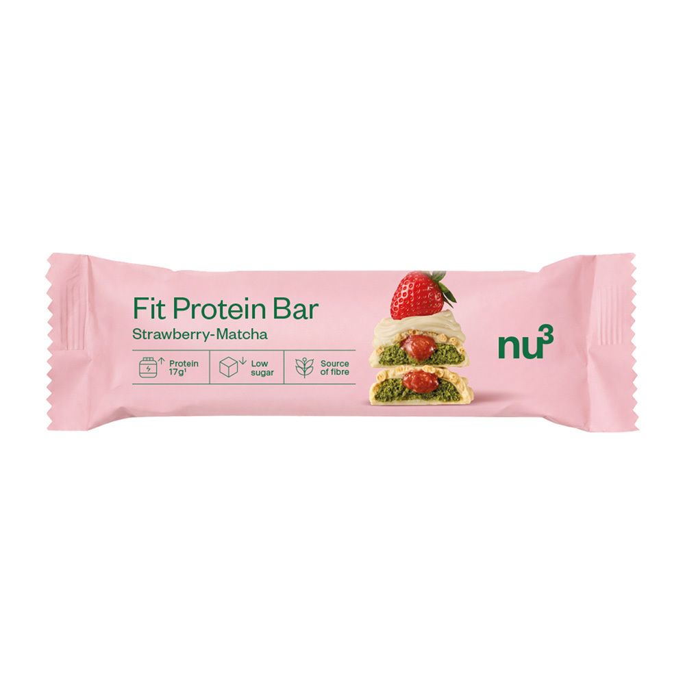Verpackung eines nu3 Fit Protein Riegels, Erdbeer-Matcha, mit Produktabbildung und Nährwertangaben.