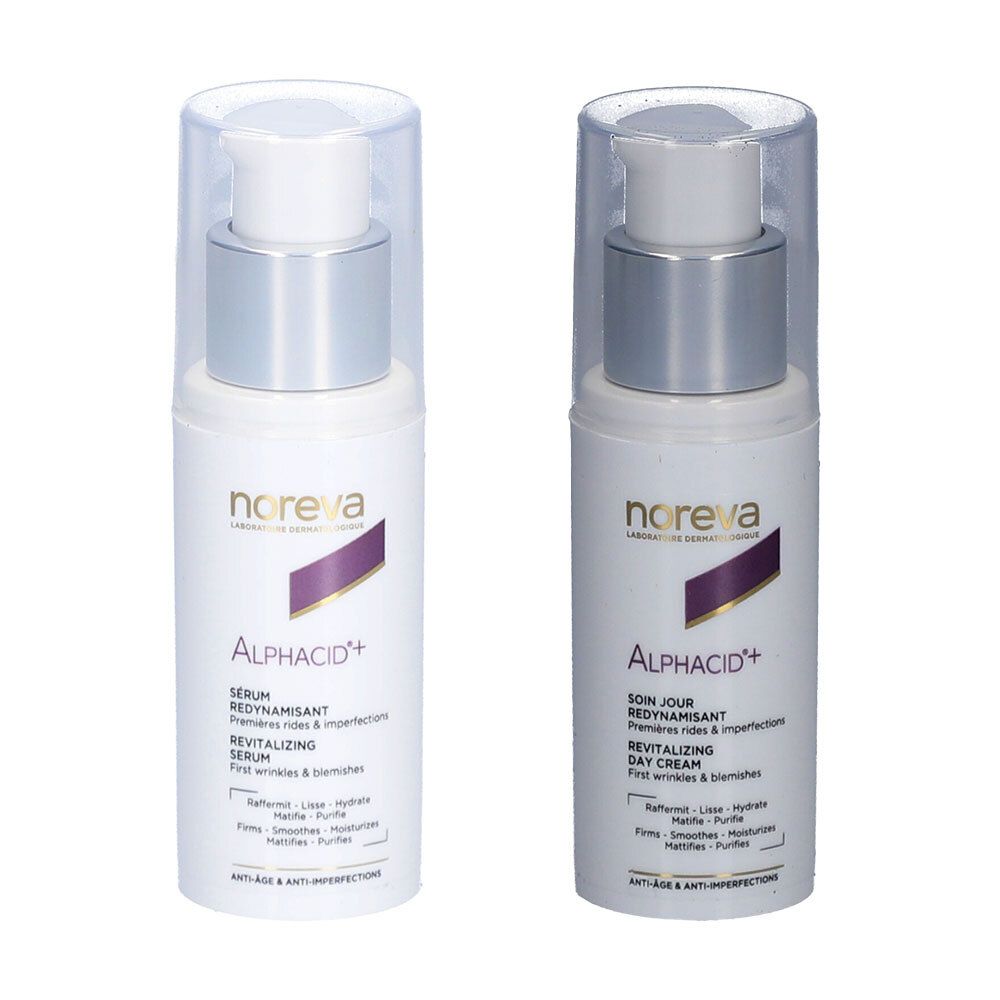 Zwei Noreva Alphacid+ Flaschen: Serum und Tagescreme. Pump-Spender mit silbernem Ring und klarem Deckel.