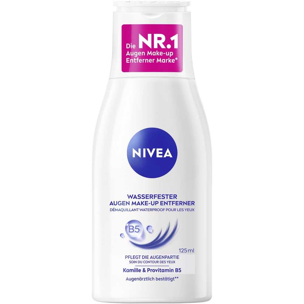Weiße Flasche NIVEA Augen Make-Up Entferner, 125ml, mit rosa Aufkleber "EXTRA PFLEGEND".