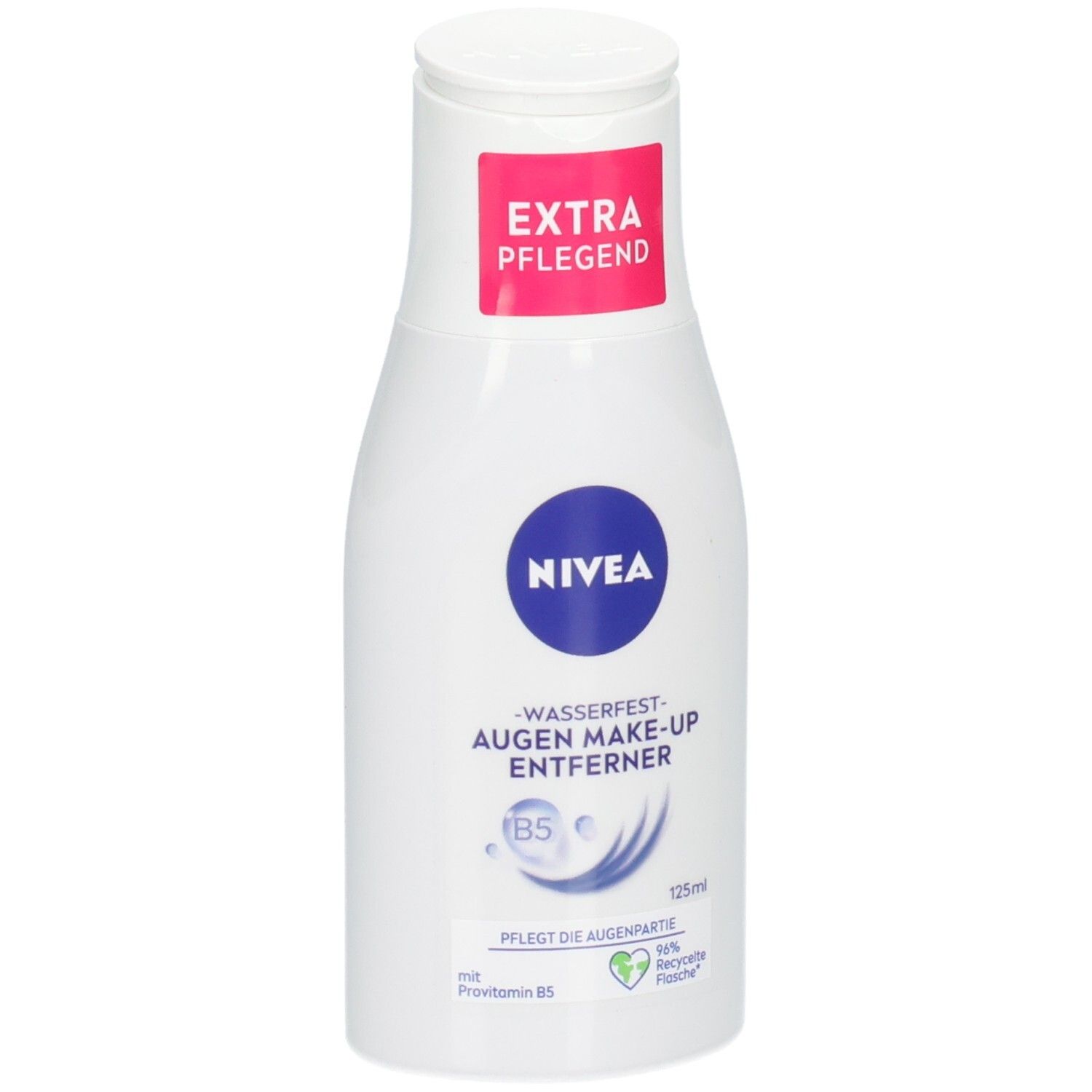 Weiße Flasche NIVEA Wasserfester Augen Make-Up Entferner, 125ml, mit Provitamin B5.