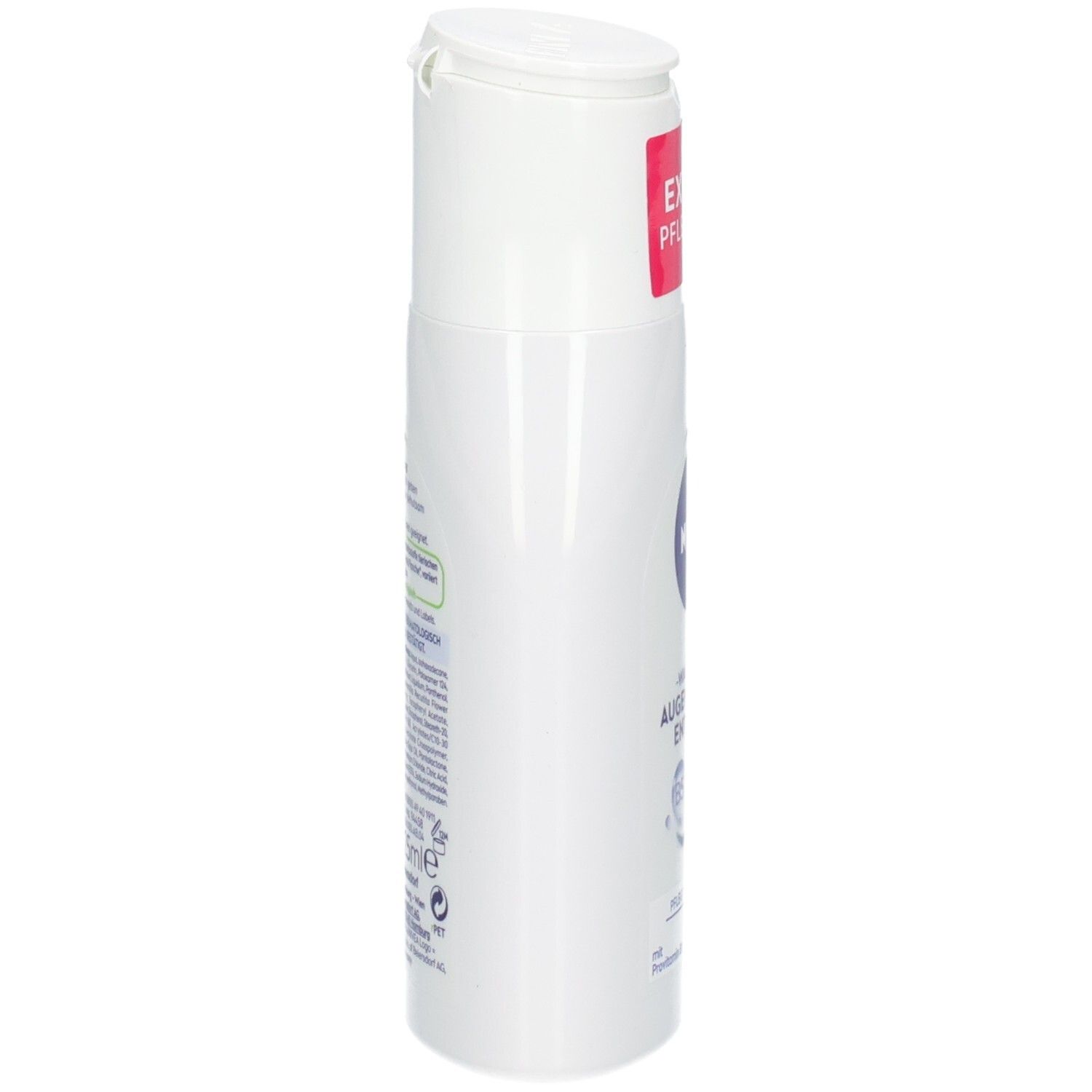 Seitenansicht der weißen Flasche NIVEA Wasserfester Augen Make-Up Entferner.