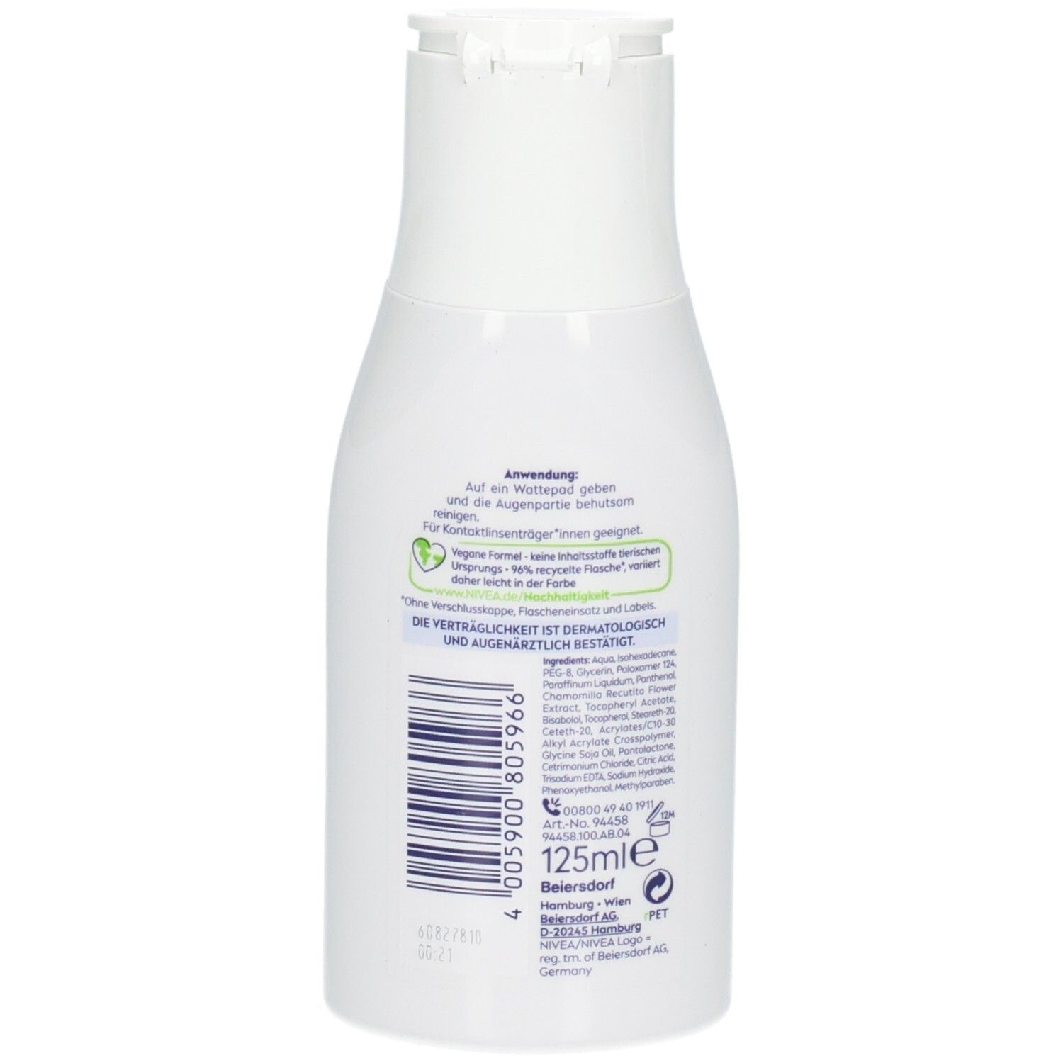 Rückseite der weißen Flasche NIVEA Wasserfester Augen Make-Up Entferner mit Barcode und Inhaltsstoffen.