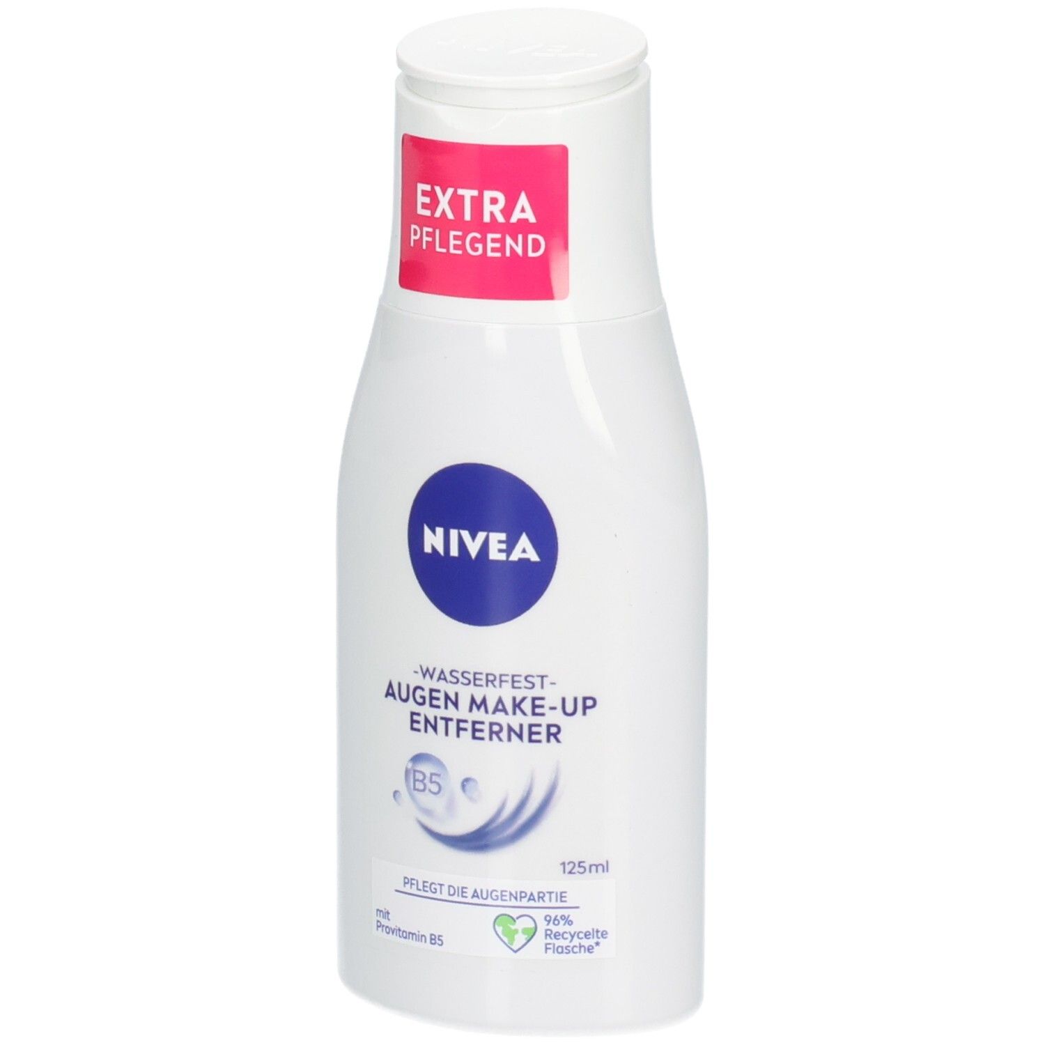 Weiße Flasche NIVEA Wasserfester Augen Make-Up Entferner, 125ml, mit Provitamin B5.