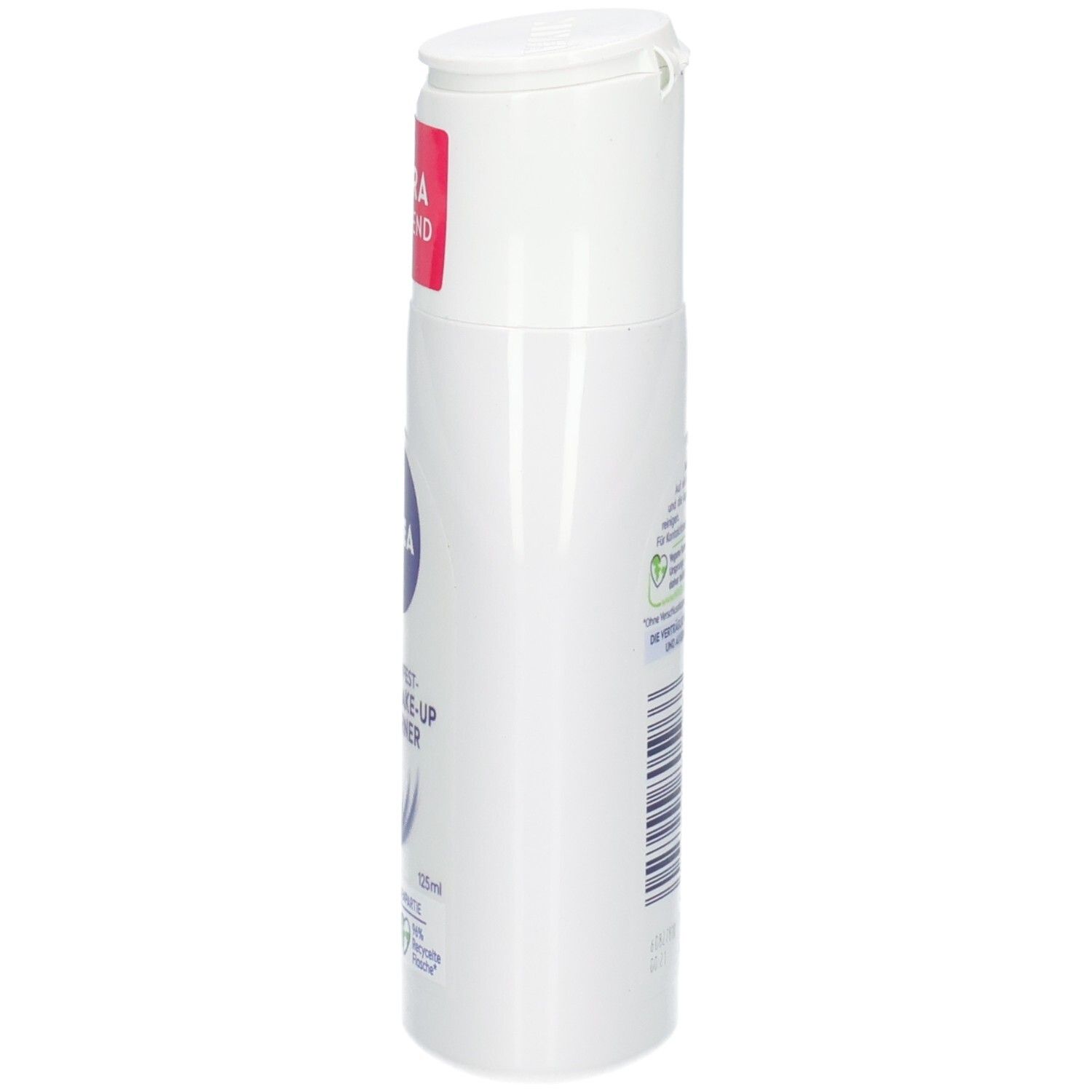 Seitenansicht der weißen Flasche NIVEA Wasserfester Augen Make-Up Entferner.