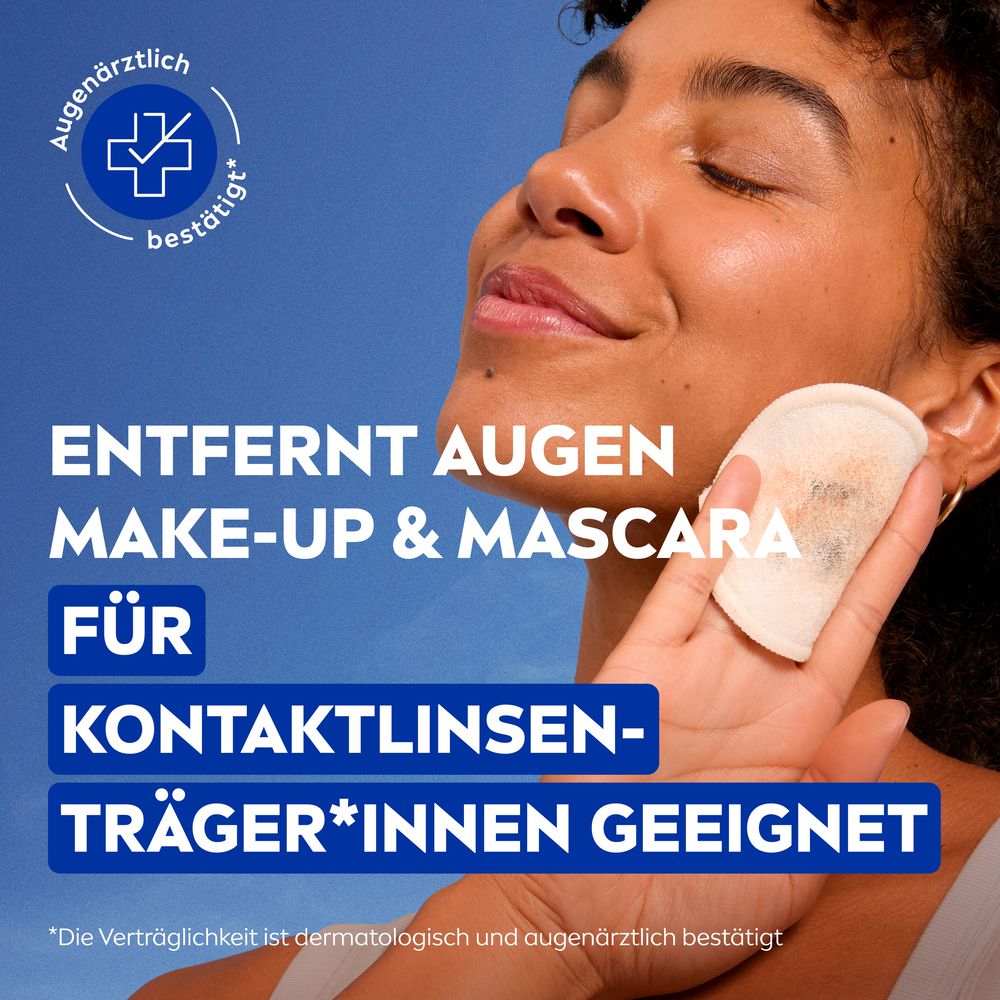 Frau mit Wattepad vor dem Auge. Text: "Entfernt Augen Make-up & Mascara für Kontaktlinsenträger".
