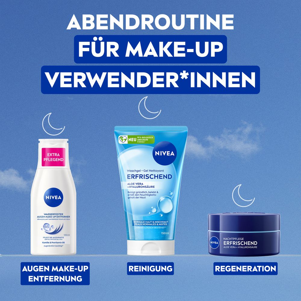 NIVEA Produkte für die Abendroutine: Augen Make-Up Entferner, Reinigungsgel, Nachtcreme.