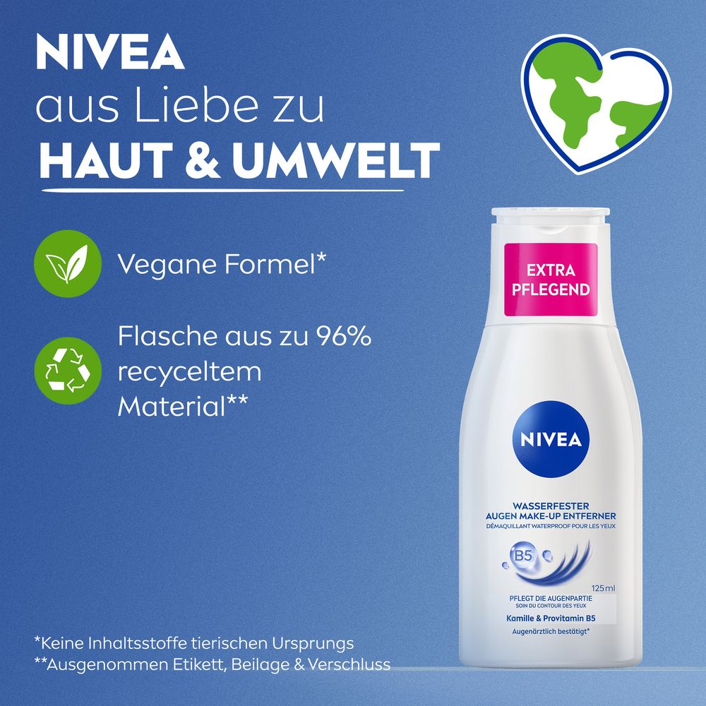 NIVEA Flasche mit Herz-Symbol für Haut & Umwelt. "Vegane Formel", "Flasche aus 96% recyceltem Material".
