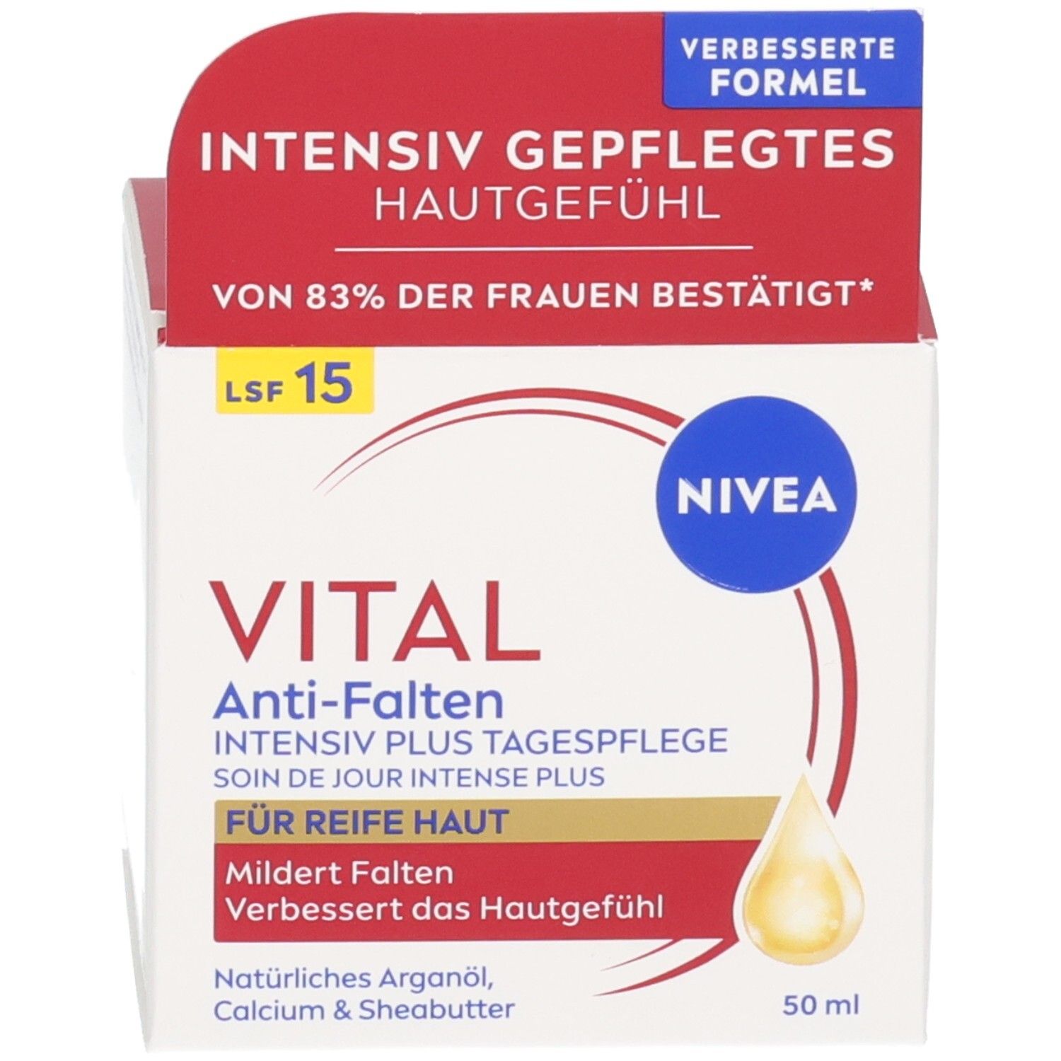 NIVEA Vital Anti-Falten Intensiv Plus Tagespflege LSF 15, Karton mit Produktabbildung.