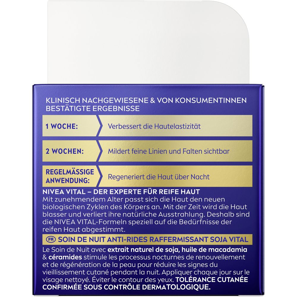 Rückseite der NIVEA VITAL SOJA Anti-Age Nachtpflege Verpackung mit Anwendungshinweisen.