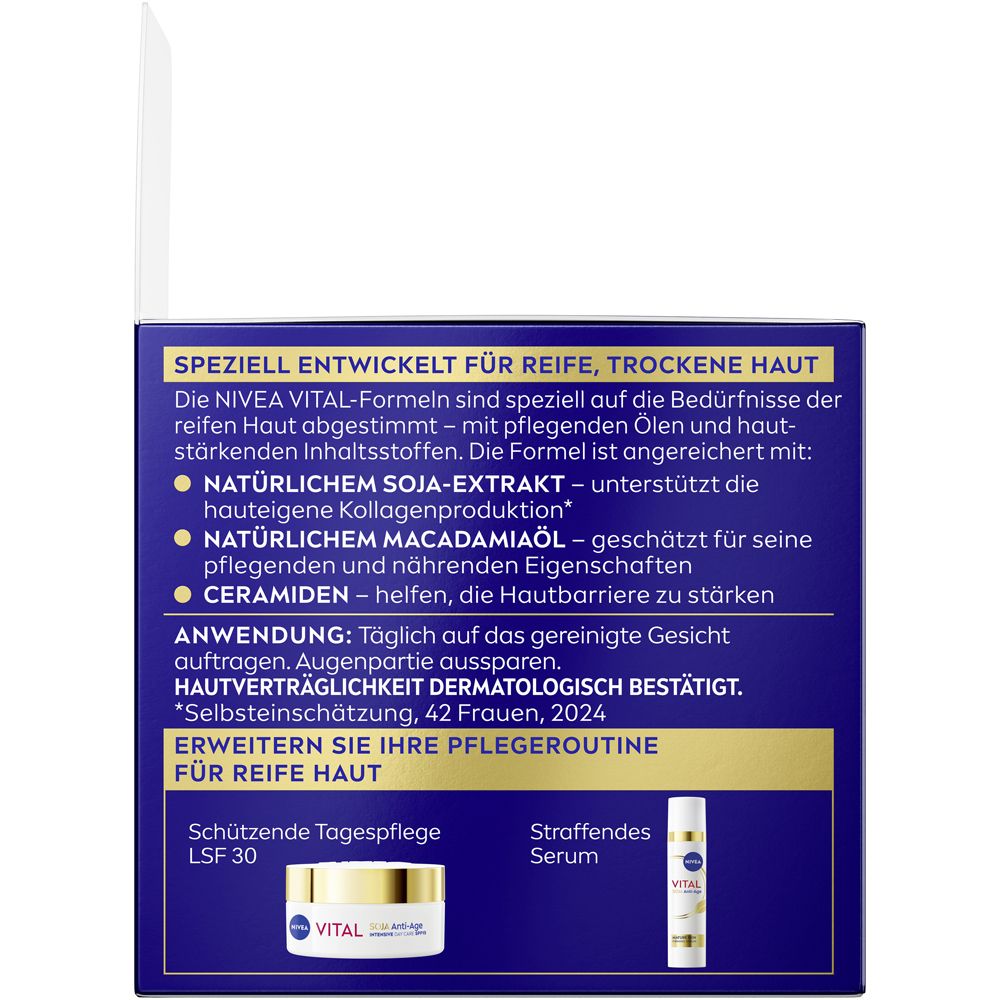 Rückseite der NIVEA VITAL SOJA Anti-Age Nachtpflege Verpackung mit Inhaltsstoffen.