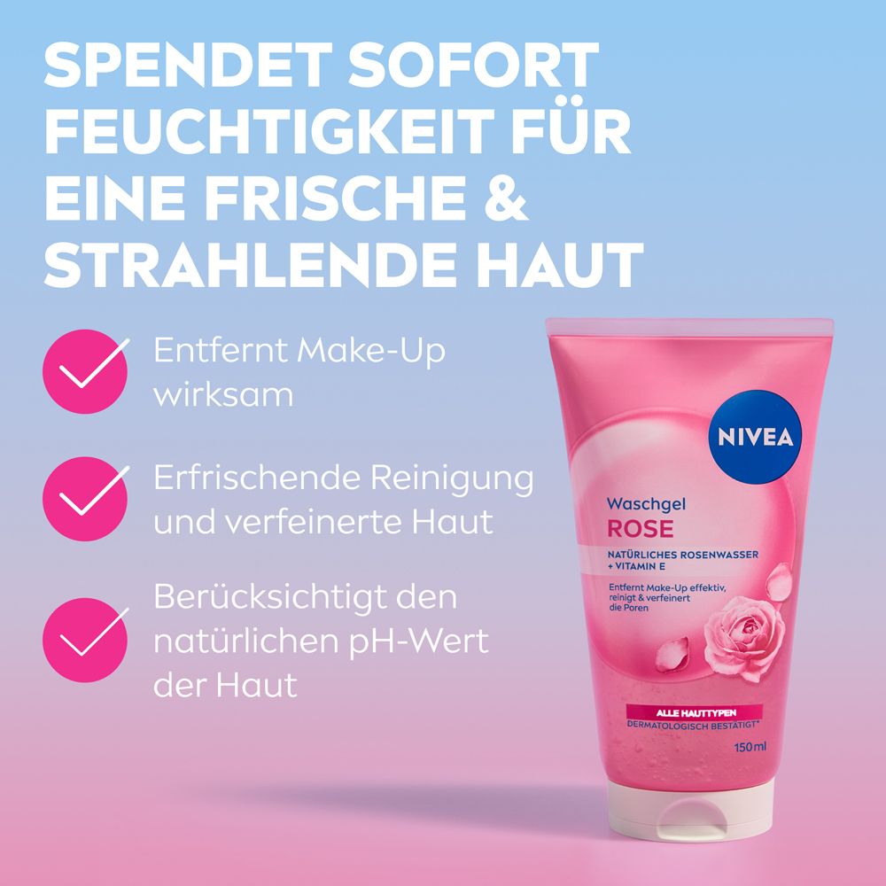 Nivea Waschgel Rose in rosa Tube mit Rosenmotiv. 150ml.