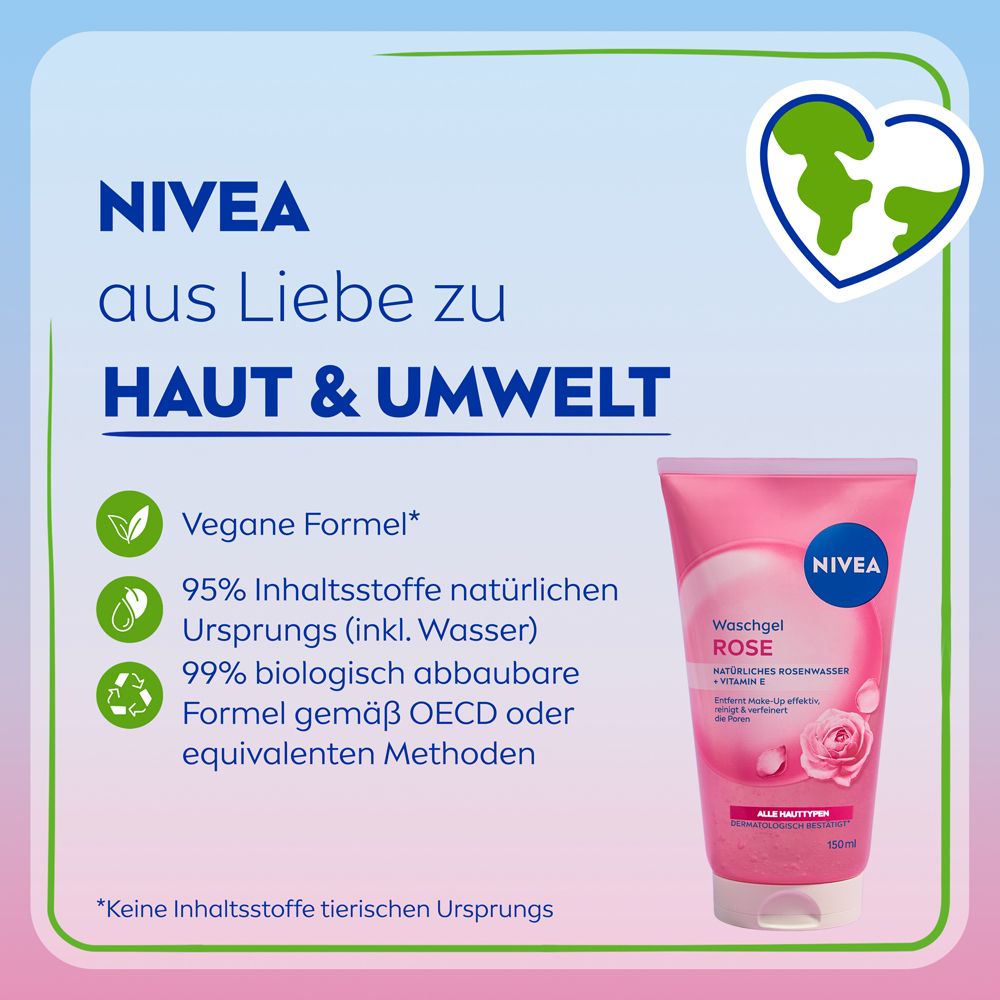 NIVEA Waschgel Rose in rosa Tube mit weißem Deckel. Formel mit 95% natürlichen Inhaltsstoffen, 99% biologisch abbaubar.