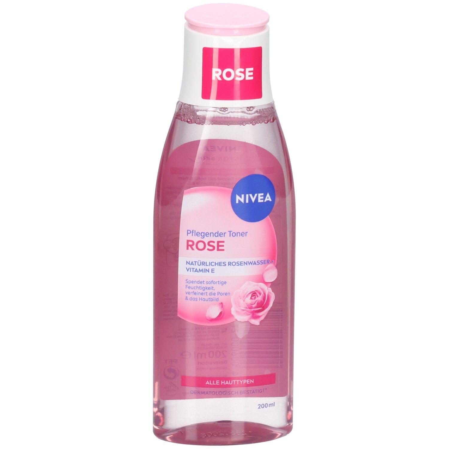 NIVEA Pflegender Toner Rose in klarer Flasche mit rosa Flüssigkeit und weißem Klappdeckel.