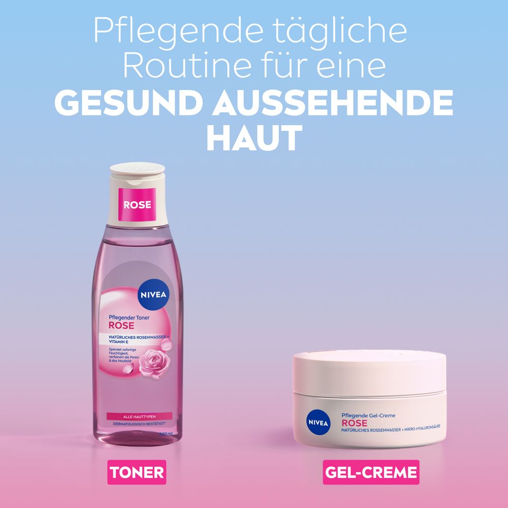 NIVEA Pflegender Toner Rose Flasche und NIVEA Rose Gel-Creme für tägliche Routine.